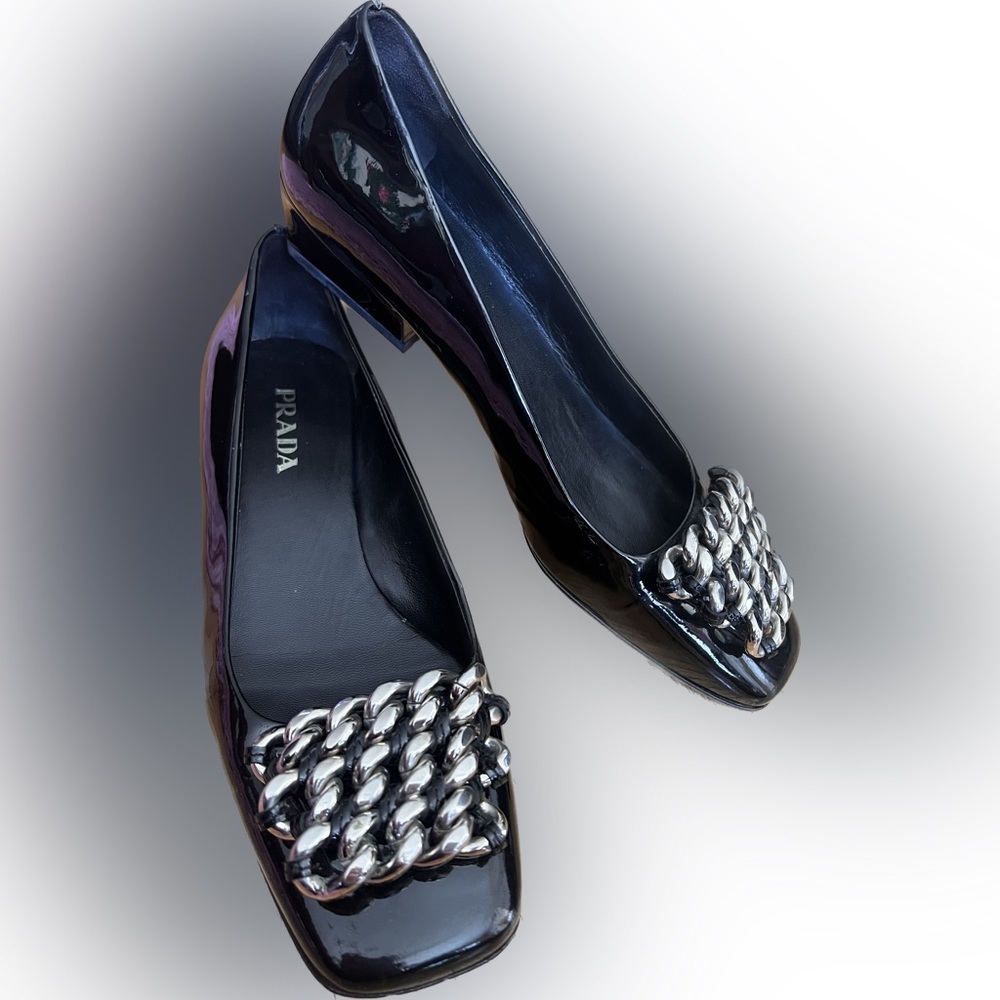 Prada shiny Black Loafers Womens Slip On Shoes Silver Chain link